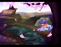 Size: 1000x773 | Tagged: safe, artist:chokico, derpibooru import, rainbow dash, twilight sparkle, pegasus, pony, cuddling, female, flower, flower petals, lesbian, looking at each other, lying down, mare, outdoors, pond, rock, scenery, shipping, tree, twidash, water