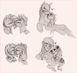 Size: 1280x1212 | Tagged: safe, artist:sutexii, applejack, big macintosh, fluttershy, rarity, human, female, floating heart, fluttermac, heart, humanized, lesbian, male, monochrome, rarijack, shipping, sketch, straight