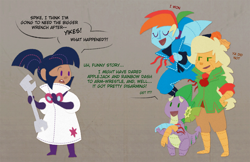 Size: 900x584 | Tagged: safe, artist:egophiliac, derpibooru import, applejack, rainbow dash, spike, twilight sparkle, robot, comic, dismemberment, humanized, sewing, steampunk, steamquestria