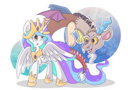 Size: 3508x2480 | Tagged: safe, artist:geckogeek, discord, princess celestia, alicorn, pony, :o, raised hoof, simple background, smiling, spread wings