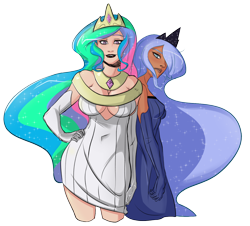 Size: 1280x1158 | Tagged: safe, artist:swain, princess celestia, princess luna, human, breasts, cleavage, clothes, cutie mark eyes, dress, evening gloves, female, humanized, looking at you, princess breastia, simple background, transparent background, wingding eyes