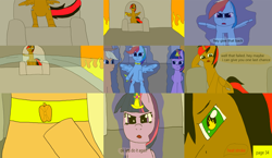 Size: 3648x2112 | Tagged: safe, artist:mellowbomb, derpibooru import, applejack, rainbow dash, twilight sparkle, oc, oc:running blade, earth pony, pegasus, pony, comic:calamity fateful, 1000 hours in ms paint, dialogue