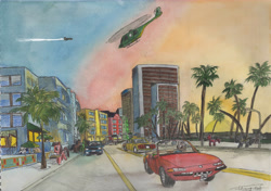 Size: 8500x6000 | Tagged: safe, artist:apocheck13, fluttershy, rarity, oc, pegasus, pony, unicorn, 80s, absurd resolution, car, grand theft auto, gta vice city, helicopter, limousine, plane, taxi, tommy vercetti, traditional art, vice city