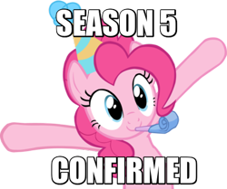 Size: 423x354 | Tagged: safe, pinkie pie, earth pony, pony, season 5, hat, image macro, impact font, meme, party hat, party horn, slowpoke thread, solo