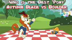 Size: 800x450 | Tagged: safe, autumn blaze, boulder (pet), princess celestia, alicorn, kirin, pony, sounds of silence