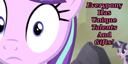 Size: 900x450 | Tagged: safe, edit, edited screencap, screencap, starlight glimmer, twilight sparkle, twilight sparkle (alicorn), alicorn, pony, unicorn, the cutie map, caption, cropped, desert, frown, rock, s5 starlight, text, thousand yard stare