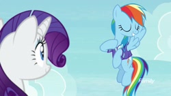 Size: 1920x1080 | Tagged: safe, derpibooru import, screencap, rainbow dash, rarity, pegasus, pony, unicorn, the end in friend, clothes, shirt