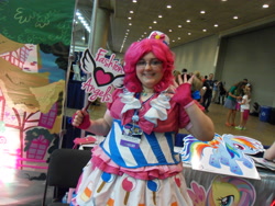 Size: 3648x2736 | Tagged: artist needed, safe, artist:rockcandy01, pinkie pie, human, 2014, bronycon, clothes, convention, cosplay, dress, fashion angels, gala dress, irl, irl human, photo, sign, solo