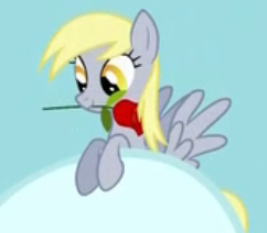 Size: 242x212 | Tagged: safe, screencap, derpy hooves, pegasus, pony, fall weather friends, cloud, cropped, flower, flower in mouth, mouth hold, rose, solo