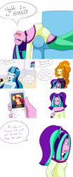 Size: 2000x4800 | Tagged: safe, artist:jake heritagu, adagio dazzle, aria blaze, sonata dusk, sunset shimmer, siren, comic:aria's archives, equestria girls, cellphone, clothes, comic, female, lesbian, midriff, phone, shipping, short shirt, smartphone, sofa, sunblaze