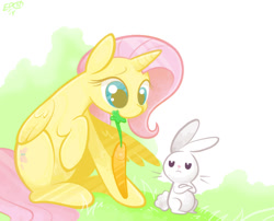 Size: 1242x1003 | Tagged: safe, artist:b-epon, angel bunny, fluttershy, alicorn, pony, alicornified, carrot, feeding, fluttercorn, race swap