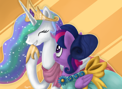 Size: 1500x1100 | Tagged: safe, artist:oggynka, princess celestia, twilight sparkle, twilight sparkle (alicorn), alicorn, pony, make new friends but keep discord, clothes, dress, eyes closed, female, giggling, mare, scene interpretation