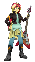 Size: 2680x4739 | Tagged: safe, artist:applewoodart, sunset shimmer, equestria girls, boots, clothes, female, guitar, jacket, shoes, simple background, smiling, solo, transparent background