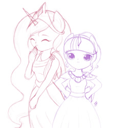 Size: 900x1000 | Tagged: safe, artist:jdan-s, princess celestia, twilight sparkle, twilight sparkle (alicorn), alicorn, human, make new friends but keep discord, duo, humanized, scene interpretation, sketch, wip