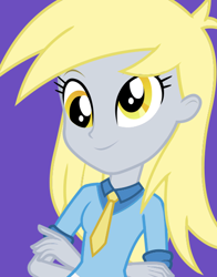 Size: 434x554 | Tagged: safe, derpy hooves, equestria girls, crossed arms, official, purple background, simple background, smiling, solo