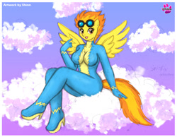 Size: 1200x932 | Tagged: safe, artist:shinn3, spitfire, anthro, big breasts, breasts, cloud, cloudy, female, sitting, solo, titfire, wide hips, wonderbolts uniform