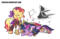 Size: 1575x1005 | Tagged: safe, artist:rvceric, sunset shimmer, twilight sparkle, twilight sparkle (alicorn), alicorn, pony, unicorn, equestria girls, movie magic, my little pony: the movie, spoiler:eqg specials, clothes, defeated, duo, eyes closed, female, glowing horn, magic, mare, pirate, pirate outfit, pirate ship, pirate twilight, simple background, stars, sunshim, swirly eyes, telekinesis, white background, white flag, wingding eyes