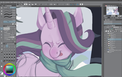 Size: 1280x811 | Tagged: safe, artist:jellynut, starlight glimmer, pony, unicorn, clothes, scarf, snow, solo, tongue out, wip