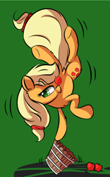 Size: 1024x1638 | Tagged: safe, artist:madacon, applejack, earth pony, pony, apple, balancing, bucket, food, handstand, ponies balancing stuff on their nose, solo
