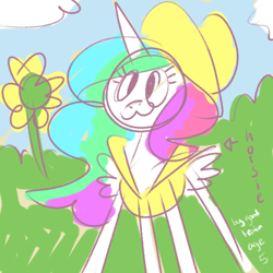 Size: 500x500 | Tagged: safe, artist:goat train, princess celestia, alicorn, pony, :3, clothes, doodle, flower, hat, shirt, sketch, smiling, solo, sun hat, sunflower