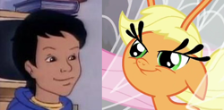 Size: 459x226 | Tagged: safe, screencap, applejack, breezie, it ain't easy being breezies, applebreezie, breeziefied, carlos, carlosjack, comparison, look-alike, magic school bus, species swap