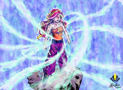 Size: 4093x3013 | Tagged: safe, artist:penspark, sunset shimmer, human, aura, clothes, crossover, dragon ball super, energy, humanized, ka ka ka ka kachi daze, parachute pants, ripping clothes, scar, ultra instinct