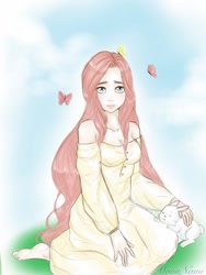 Size: 768x1024 | Tagged: safe, artist:moonnami, angel bunny, fluttershy, human, clothes, humanized, off shoulder, solo