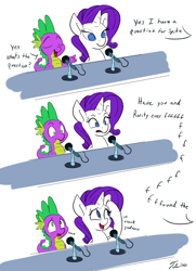 Size: 1280x1770 | Tagged: safe, artist:tsitra360, rarity, spike, dragon, pony, unicorn, 30 minute art challenge, bronycon, comic, dialogue, eyes closed, frown, innocent innuendo, microphone, nervous, open mouth, smiling, stuttering, wide eyes