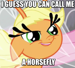 Size: 456x418 | Tagged: safe, edit, edited screencap, screencap, applejack, breezie, it ain't easy being breezies, applebreezie, breeziefied, carlos, carlosjack, image macro, meme, pun, solo, species swap