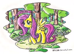 Size: 1402x1022 | Tagged: safe, artist:quarium, fluttershy, bird, pegasus, pony, forest, solo