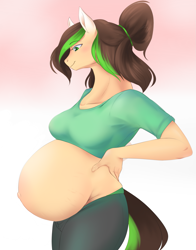 Size: 1945x2480 | Tagged: safe, artist:nsfwbonbon, oc, oc only, oc:verdant ardea, anthro, unguligrade anthro, belly, belly button, big belly, clothes, female, gradient background, looking at self, looking down, mare, midriff, pants, pregnant, shirt, short shirt, smiling, solo, t-shirt