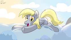 Size: 2560x1440 | Tagged: safe, artist:rupertbluefox, derpy hooves, pegasus, pony, bubble, bubble sitting, solo