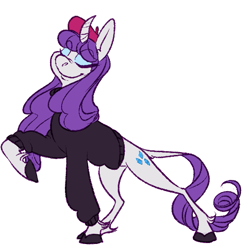 Size: 537x539 | Tagged: safe, artist:idefix, rarity, classical unicorn, pony, unicorn, beatnik rarity, beret, clothes, eyes closed, hat, leonine tail, pose, smiling, solo, unshorn fetlocks