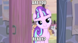 Size: 888x499 | Tagged: safe, edit, edited screencap, screencap, starlight glimmer, pony, unicorn, the cutie map, bedroom eyes, blue eyes, bronybait, caption, creepy, creepy smile, crowd, door, equal cutie mark, equalized, female, horn, image macro, impact font, looking at you, our town, poster, rosemary, s5 starlight, smiling, text, text edit