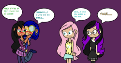 Size: 925x483 | Tagged: safe, artist:obeliskgirljohanny, derpibooru import, fluttershy, oc, oc:goth angel, oc:hovis, oc:scarla, human, blushing, cleavage, female, humanized, kiss mark, lipstick fetish, speechless