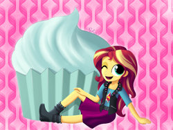 Size: 2000x1500 | Tagged: safe, artist:songbirdserenade, sunset shimmer, better together, equestria girls, boots, clothes, cupcake, cute, female, food, high heel boots, jacket, leather jacket, looking at you, one eye closed, raised leg, shimmerbetes, shirt, shoes, skirt, smiling, solo, vest, wink