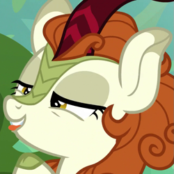 Size: 645x645 | Tagged: safe, screencap, autumn blaze, kirin, sounds of silence, biting, bust, cropped, curved horn, derp, faic, female, horn, mare, portrait, solo, tongue bite, tongue out