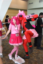 Size: 3456x5184 | Tagged: safe, artist:ericameow, pinkie pie, human, clothes, cosplay, deadpool, irl, irl human, otakon, photo, socks, striped socks