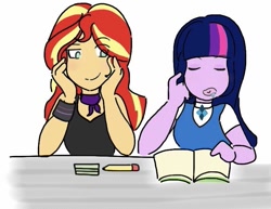 Size: 711x550 | Tagged: safe, artist:horsegirlpodcast, sunset shimmer, twilight sparkle, equestria girls, alternate costumes, cute, eyes closed, female, lesbian, no nose, notebook, pencil, shipping, sleeping, sunsetsparkle, twiabetes