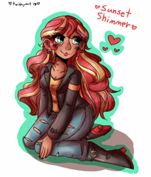 Size: 2975x3500 | Tagged: safe, artist:mylittleyuri, sunset shimmer, human, equestria girls, boots, clothes, cute, digital art, humanized, jacket, jeans, paint tool sai, pants, shoes, solo, tumblr nose