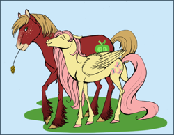 Size: 572x443 | Tagged: safe, artist:nattikay, big macintosh, fluttershy, earth pony, horse, pegasus, pony, cute, eyes closed, floppy ears, fluffy, fluttermac, macabetes, male, mouth hold, raised hoof, shipping, shipping war in the comments, shyabetes, smiling, stallion, straight, unshorn fetlocks