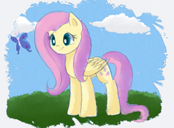 Size: 763x566 | Tagged: safe, artist:hikariviny, fluttershy, butterfly, pegasus, pony, smiling, solo