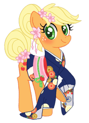 Size: 1300x1800 | Tagged: safe, artist:ikumokanata, applejack, earth pony, pony, alternate hairstyle, clothes, flower, flower in hair, kimono (clothing), pixiv, simple background, solo
