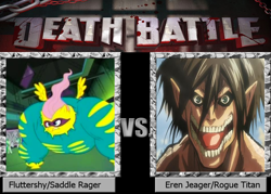 Size: 1008x720 | Tagged: safe, fluttershy, saddle rager, pegasus, pony, attack on titan, death battle, eren jaeger, exploitable meme, meme, power ponies, rogue titan