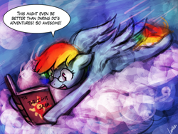 Size: 960x720 | Tagged: source needed, useless source url, safe, artist:lumineko, derpibooru import, rainbow dash, pegasus, pony, 30 minute art challenge, april fools, book, cloud, cloudy, cute, female, floppy ears, glasses, heresy, hoof hold, open mouth, prone, reading, reading rainboom, smiling, sunset shimmer's book, twilight (series), wide eyes