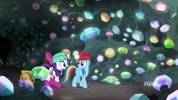 Size: 1920x1080 | Tagged: safe, derpibooru import, screencap, rainbow dash, rarity, pegasus, pony, unicorn, the end in friend, boots, cart, clothes, gem, glitter boots, helmet, mine, mining helmet, shoes