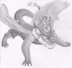 Size: 5296x4985 | Tagged: safe, artist:cross_ornstein, fluttershy, pegasus, pony, absurd resolution, badass, badass adorable, cute, flutterbadass, monochrome, monster hunter, teostra, traditional art