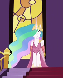 Size: 552x682 | Tagged: safe, screencap, princess celestia, alicorn, pony, make new friends but keep discord, clothes, cute, cutelestia, dress, eyes closed, female, gala dress, grin, happy, hoof shoes, jewelry, mare, regalia, smiling, solo, stairs