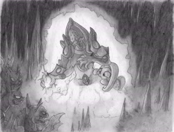 Size: 6496x4928 | Tagged: safe, artist:cross_ornstein, fluttershy, changeling, pegasus, pony, absurd resolution, archon, cave, crossover, monochrome, starcraft