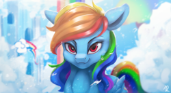 Size: 1565x855 | Tagged: safe, artist:moondreamer16, derpibooru import, rainbow dash, pegasus, pony, cloudsdale, female, looking at you, mare, solo, wrong eye color